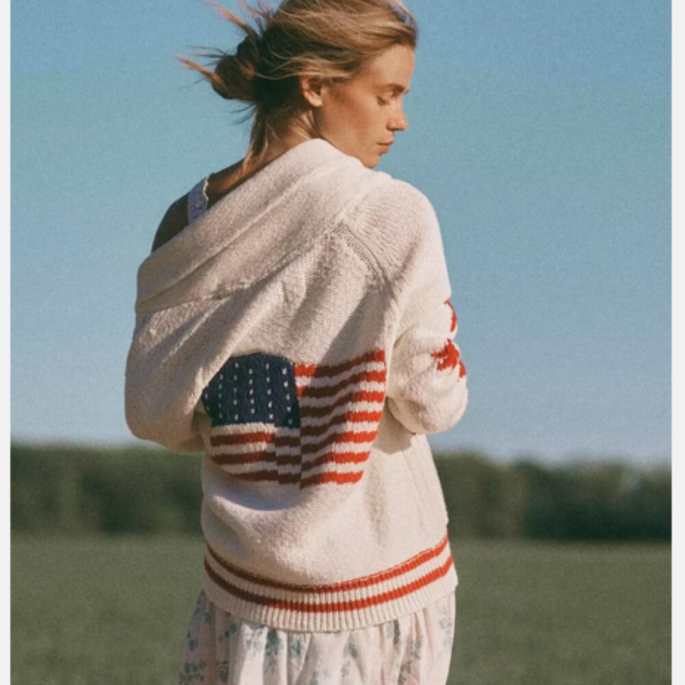 Anthropologie Maeve 1X Shawl Collar American Flag Cardigan Sweater USA NWT Plus